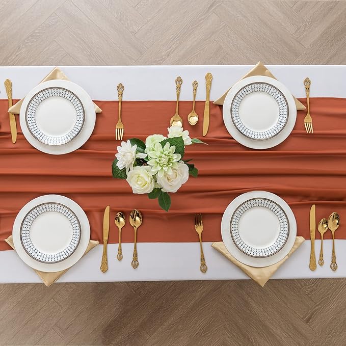 12Pack 9ft Chiffon Table Runner 14x108 Inch Sheer Romantic Table Runner for Wedding Birthday Party Bridal Shower Outdoor Decoration-Rust