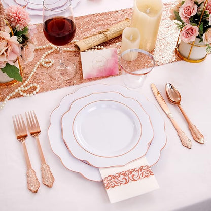 NOCCUR 175PCS Rose Gold Plastic Plates with Disposable Silverware - Include 25Dinner Plates, 25Dessert Plates, 25Forks, 25Knives, 25Spoons, 25Cups, 25Napkins for Wedding&Party