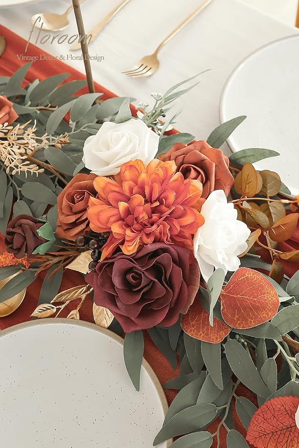 Floroom 6ft Artificial Eucalyptus Garland with Flowers Fake Greenery Burnt Orange Faux Floral Vine Garland for Table Decor Wedding Centerpieces Bridal Shower Party Decorations, Terracotta