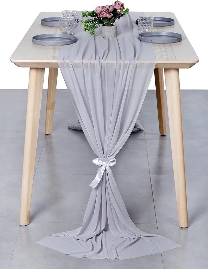 MDS Halloween Chiffon Table Runner - 12 Pack, 29 x 170 Inches, 14ft Each - Sheer Spooky Table Runners for Haunted House Parties, Trick-or-Treat Tables, Witchy Décor, Wedding & Events - Cool Gray