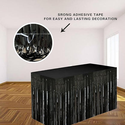 Black Streamers Party Decorations, 2 Packs Black Table Skirts Metallic Foil Fringe Tinsel for Graduation Birthday Wednesday Twilight Wizard Float Parade Halloween Party Supplies - 29x108 Inch