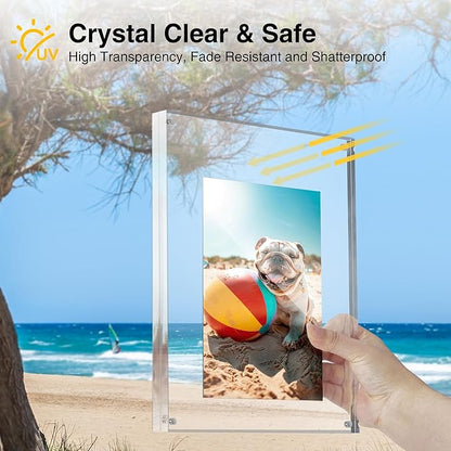 HOUSE DAY Acrylic Picture Frames 8x10, 2 Pack Magnetic 8x10 Picture Frame, Double Sided Clear 8 x 10 Photo Frame with Microfiber Cloth, Frameless FreeStanding 8x10 Frame Gift for Desktop Display