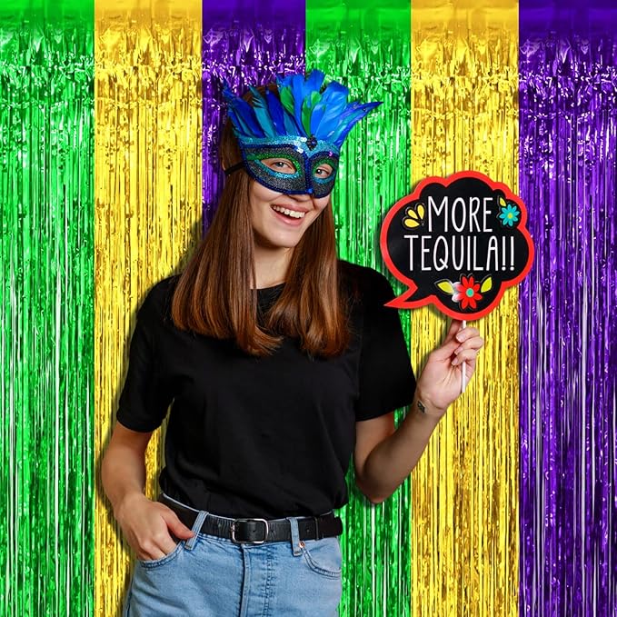 4 Pack Mardi Gras Foil Fringe Curtain Backdrop, 3.28Ft x 8.2Ft Gold Green Purple Metallic Tinsel Foil Fringe Streamers Curtains for Photo Booth, Wedding, Birthday, Carnival Party Decoration