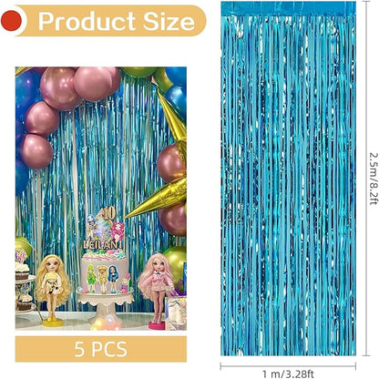 5 Pack Blue Fringe Backdrop 3.2ft x 8.2ft Teal Blue Foil Fringe Curtains Party Tinsel Curtain Backdrop Streamers for Birthday Party Decoration Wedding Christmas Decoration (Teal Blue)