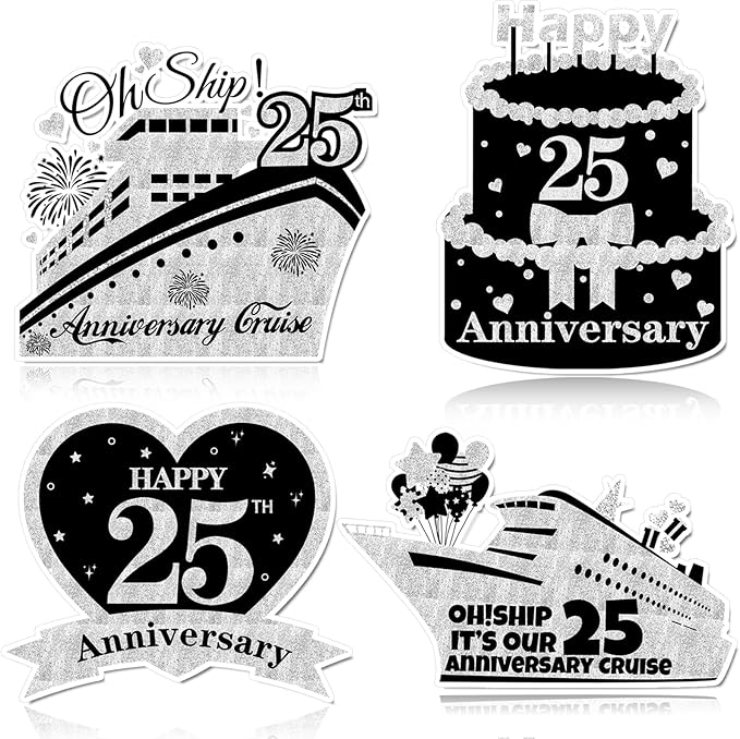 4 PCS Large 25th Anniversary Cruise Door Magnets Decorations Happy 25th Anniversary Cruise Ship Door Decor Magnetic Wedding Magnets Garage Refrigerator Car Magnets for Cabin Stateroom (Black Silver)