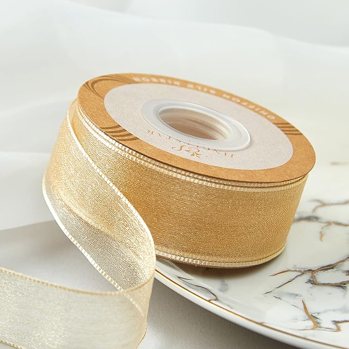 1 Inch Wide Sheer Chiffon Ribbon - Pearl Silk Woven Ribbon Suitable for Gift Wrapping, Wedding Decor, Home Decor, Girl Hair Accessories Handmade DIY (25 Yards/roll) (Champagne)