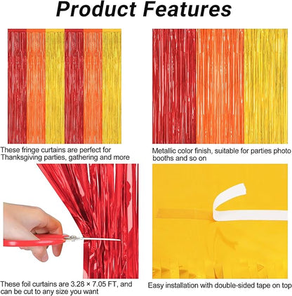 2 Pack Thanksgiving Backdrop, 3.28 FT x 7.05 FT Red Orange Gold Party Streamer, Metallic Fringe Curtains Foil Streamer Tinsel Backdrop, Thanksgiving Party Decorations Photo Props Wall Decor