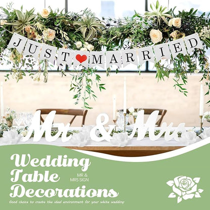 White Wooden Mr and Mrs Signs for Wedding Table, Wooden Wedding Table Signs for Ceremony and Reception - Centerpiece Decorations with Just Married Banner Gifts