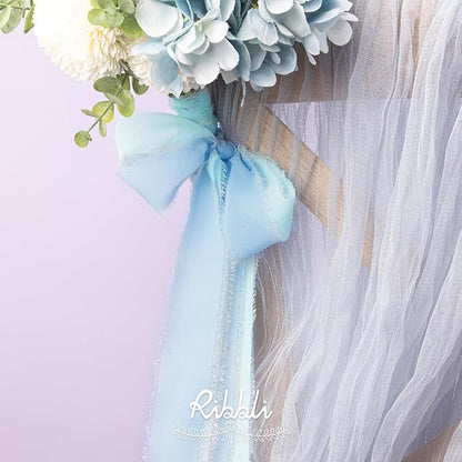 Ribbli Chiffon Ribbon 1.5 inch x 30 Yard Handmade Silk Ribbon,Light Blue/Baby Blue/Dusty Blue Fringe Chiffon Ribbon for Wedding Invitations, Bridal Bouquets Wrapping, Flower Arrangement Decoration