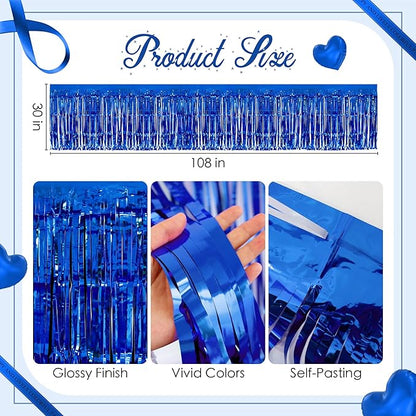 2 Pack Dark Blue Table Skirts, 29x108" Metallic Foil Tinsel Fringe Table Skirts for Rectangle Tables Streamer Curtains Backdrop, Party Decorations for Birthdays Weddings Holidays