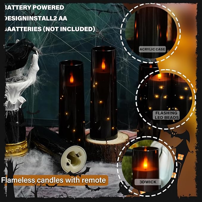 Flickering Flameless LED Candles, 9 Pcs with Embedded Star String, Acrylic LED Pillar Candles with Remote, Suitable for Home Decoration (Black)