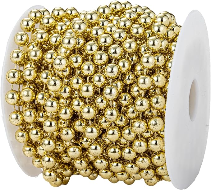 8mm Crafts Faux Pearl Beads Garland Pearl Bead Roll Strand of Pearls to Decorate Floral Centerpieces Wedding Party Favor Christmas Tree(33 Feet Gold)