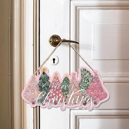 CGBHW Pink and Green Christmas Tree Wooden Sign, Merry Christmas Decoration Hanging Sign Wall Decor, Pink Christmas Holidays Theme for Home Office Girls College Dorm Door Decor 12 x 6 Inch