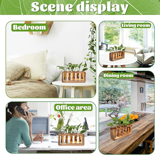 Glass Plant Propagation Station with 5 Test Tubes Colorful Planter Vase Birthday Gifts for Women in Wooden Stand