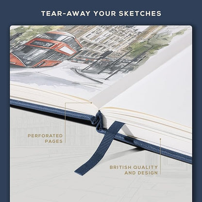 Beechmore Books A4 Sketchbook – 8.5x11 Premium Vegan Leather Bound Large Sketch Book Hardcover with 156 Thick 160gsm Perforated Ivory Pages, Blank Sketch Pad, Gift Boxed, Back Pocket, Ribbon Bookmark