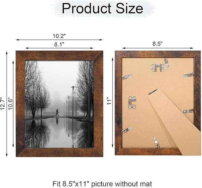 8.5x11 Picture Frame Set of 4, High Definition Real Glass Rustic Frame, Wood Photo Frames 8.5 by 11 Diploma Document for Wall Hanging and Tabletop Display