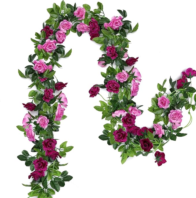 Floweroyal 2 Pack Artificial Flower Garlands 15.8FT Fake Rose Vines Silk Flowers Hanging Rose Ivy for Wedding Arch Party Home Garden Wall Decor (Fuchsia)