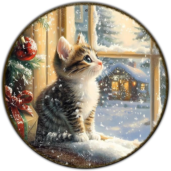 Round Christmas Sign Cats Vintage Metal Sign Christmas Kitten Retro Tin Sign Wall Decor for Home Office Bar Club Man Cave 12 * 12 in