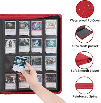 Snekdy premium 1024-pocket trading card binder, Card Albums 16 pockets, waterproof PU-leather Cover album with side loading, holds gaming, baseball (Red)
