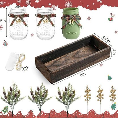 3 Pcs Mason Jar Centerpiece Decorations for Christmas Table Decor Farmhouse Coffee Table Decor Christmas Kitchen and Room Decor,Green