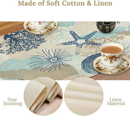 Nautical Coastal Table Runner，Ocean Themed Starfish Coral Conch Beach Kitchen Dinning Table Decoration for Indoor Outdoor Home Party Decor 13x120 Inch