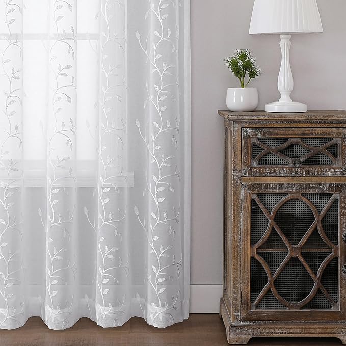 VISIONTEX White Sheer Voile Curtains, Decorative Beige Leaves Embroidery Faux Linen Rod Pocket Window Drapes for Home Kitchen, Living Room and Bedroom 54 x 63 Inch, Set of 2 Curtain Panels