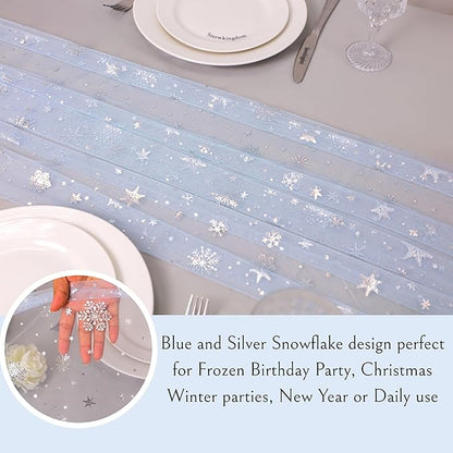 Snowkingdom Silver Snowflake Christmas Table Runner, 10ft Blue Cheesecloth Gauze Sheer Chiffon 120 Inch Winter Table Runner, Seasonal Holiday Kitchen Dining Decoration for New Year Outdoor Party Decor