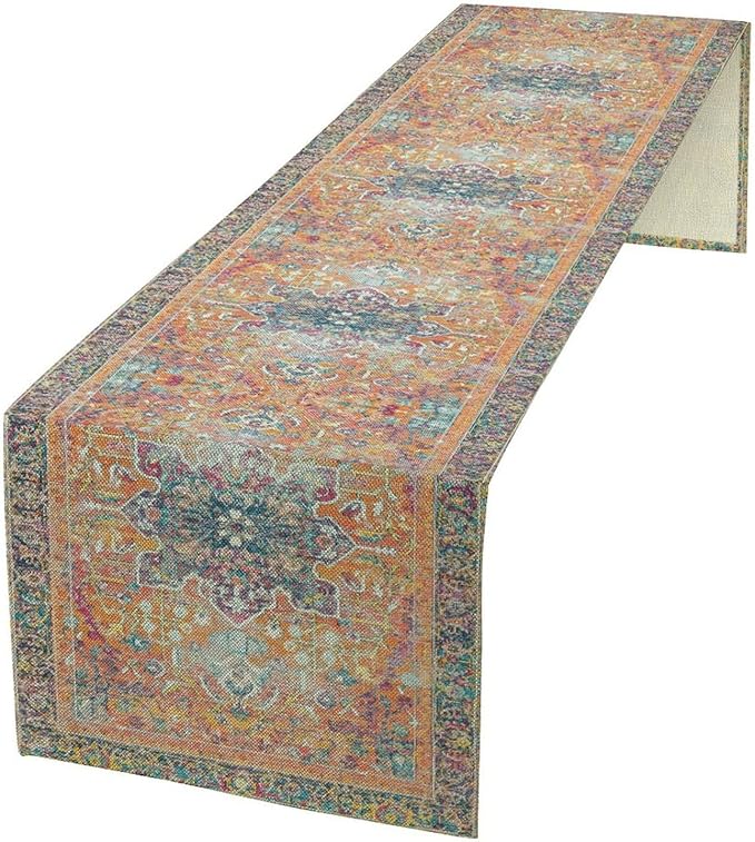 Boho Floral Vintage Table Runner, Orange Retro Flower Rustic Country Farmhouse Abstract Pattern for Home Kitchen Table Decor Dining Coffee Room Party Decor 13x108in