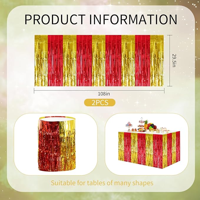 BEISHIDA 2 Pack Red Gold Table Skirts Party Decorations Metallic Tinsel Foil Fringe Decors for Rectangle and Round Table Birthday Chinese New Years Holiday Graduation Congrats 2026 Party