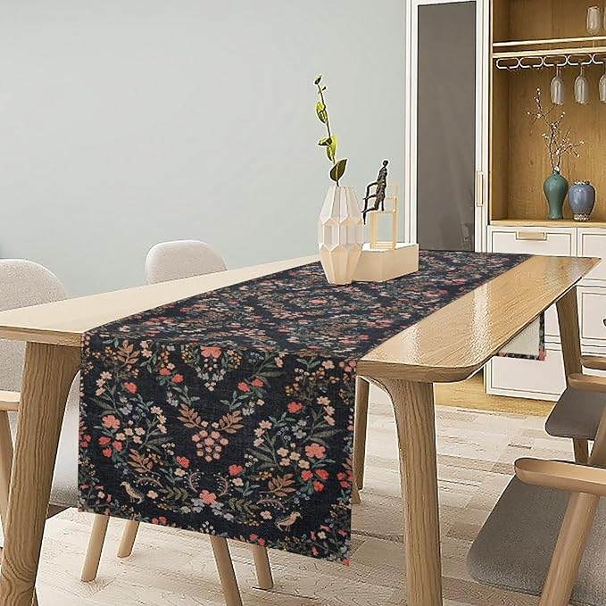 Morris Flower Table Runner, Vintage Blue Floral Rustic Country Style Floral Print Pattern for Home Kitchen Table Decor Dining Coffee Room Garden Party Decor 13x72in