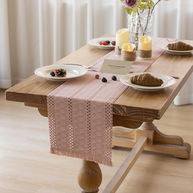 Boho Pink Table Runner for Home Decor 12x72 Inches Farmhouse Macrame Burlap Jute Rustic Dining Kitchen Centerpiece Bohemian Decor French Country Baby Bridal Shower Decorations