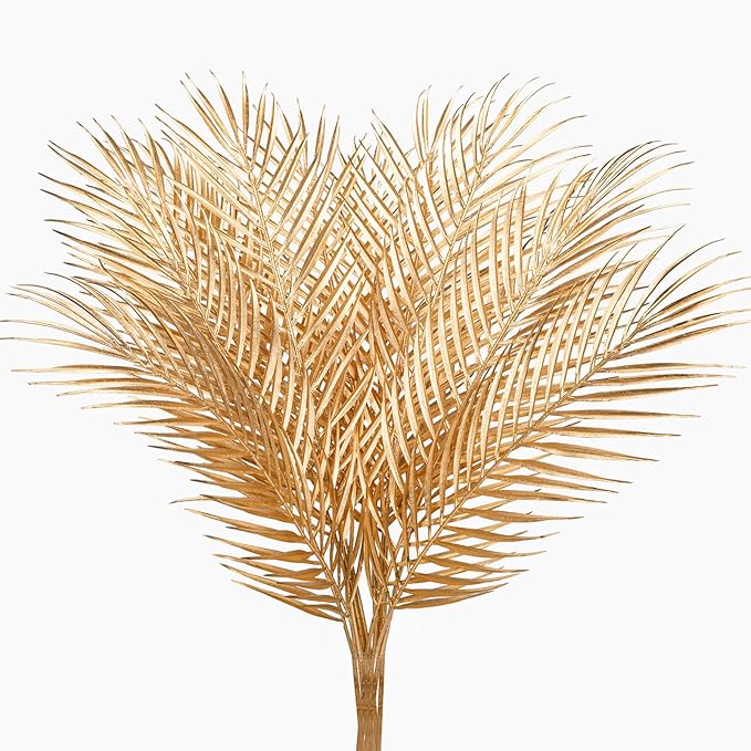 29” Large Gold Palm Leaves Palm Fronds Tropical Leaves Areca Palm Branches Artificial Palm Leaves with Stem Golden Palm Tree Leaves Faux Palm Leaves for Floral Arrangement Fake Gold Leaves 12Pcs