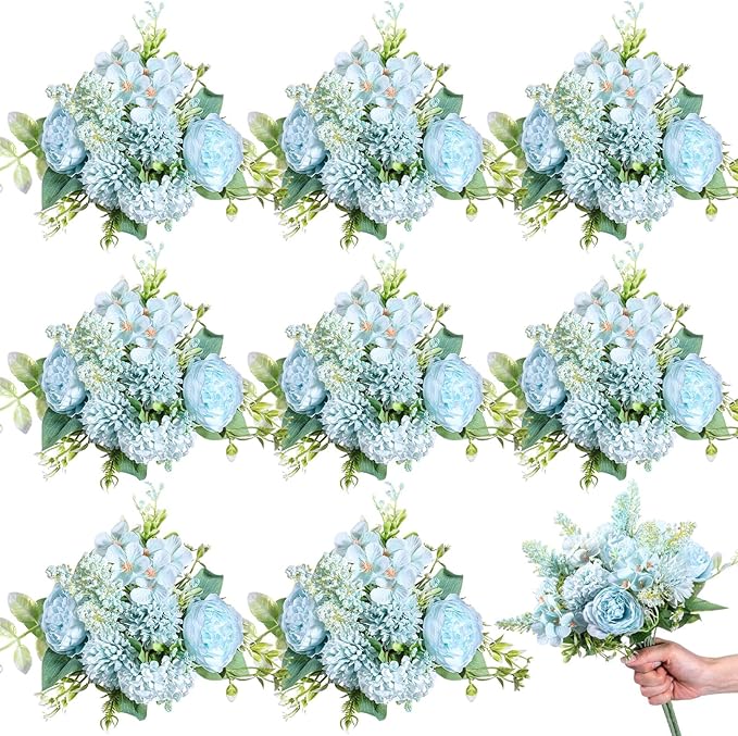 Zeyune 8 Pcs Wedding Silk Flowers Fake Silk Flowers Faux Bouquet Hydrangea Bouquets for Wedding Birthday Party Table Centerpieces Home Decoration(Blue,Peony)