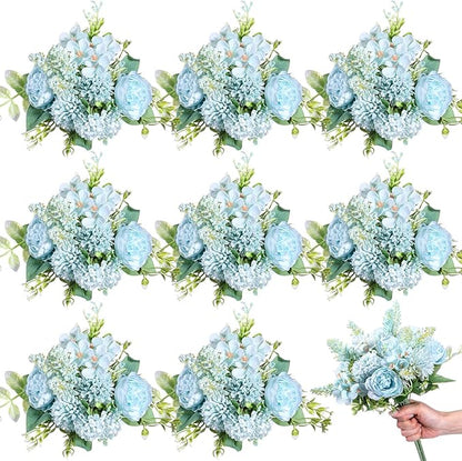 Zeyune 8 Pcs Wedding Silk Flowers Fake Silk Flowers Faux Bouquet Hydrangea Bouquets for Wedding Birthday Party Table Centerpieces Home Decoration(Blue,Peony)
