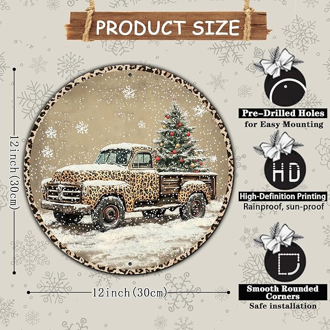 Round Leopard Truck Metal Tin Sign Rustic Wall Decor Christmas Wreath Sign Christmas Wreath Door Hanging Wall Decoration Bar Home Round 12 * 12 in