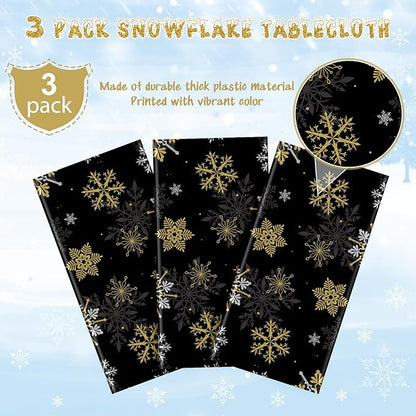 3Pcs Christmas Snowflake Party Tablecloths Decorations,Plastic Black and Gold Table Cloth,Winter Rectangle Table Cover for Christmas New Year Birthday Baby Shower Holiday Party Decorations,54x108 inch