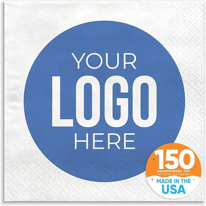 Big Dot of Happiness Custom Logo Party Napkins, Personalized Corporate Branded Business Decor, Your Logo Here White 3-Ply Paper Luncheon Napkins - 150 Count
