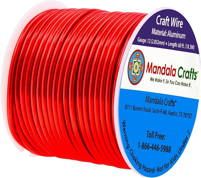 Mandala Crafts 12 Gauge Anodized Aluminum Craft Wire for Jewelry Making - 60 FT Colored Flexible Red Wire - Bendable for Bonsai Armature Crafting Sculpting