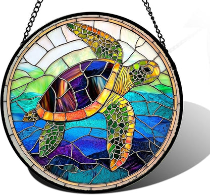 Stained Glass Window Hanging, Colored Turtle Ocean Suncatcher Diamond Glass Panel Hangings Marine Life Sun Catchers Decor for Birthday for Women, Men, Wife, Aunt, Mom 7.8 in