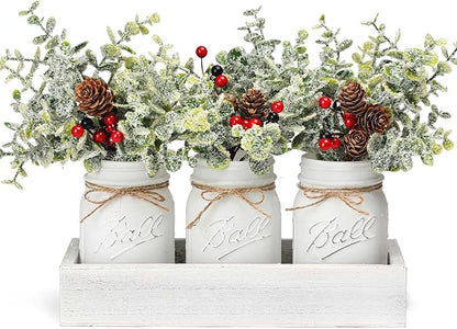 Christmas Mason Jars, Set of 3 White Painted Jars with Artificial Pine and Berries in Wood Tray, Christmas Centerpieces for Dining Table, Winter Home Decor