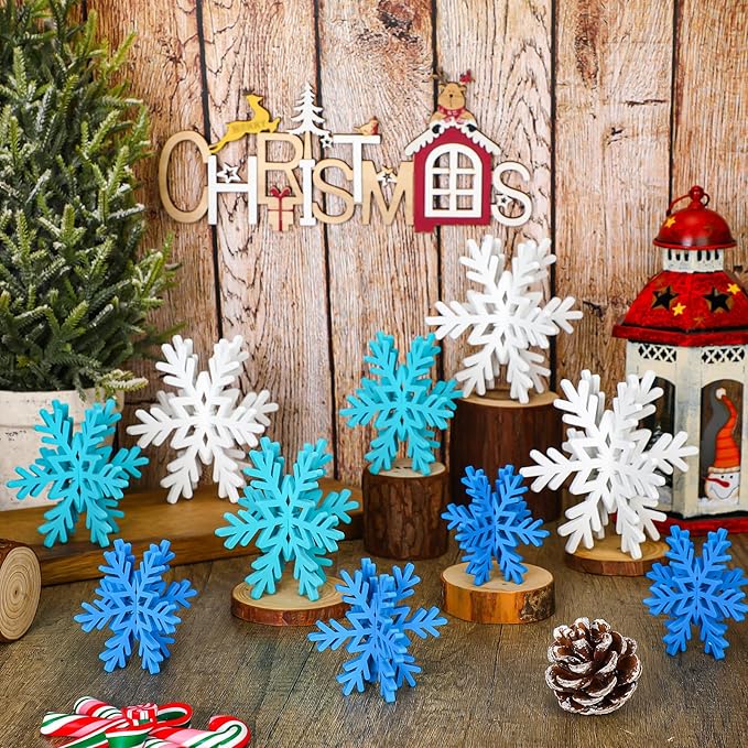 Qunclay 20 Pcs Wooden Snowflake Decorations 3D Snowflake Tabletop Decor Christmas Signs and Centerpiece for Winter Wonderland Decorations Xmas Tiered Tray Decor(Dark Blue, Light Blue, White)