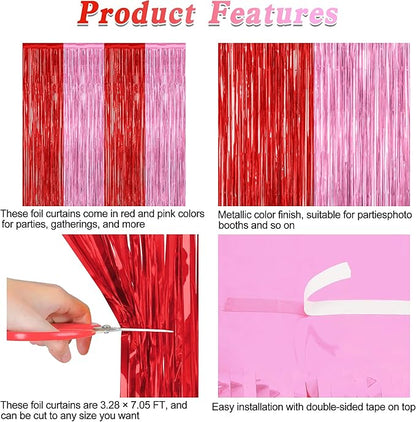 2 Pack Backdrop Curtains, 3.28 Feet x 7.05 Feet Red Pink Backdrop, Metallic Fringe Curtains Tinsel Backdrop Party Streamer, Babie Backdrop Happy Birthday Party Supplies Decorations