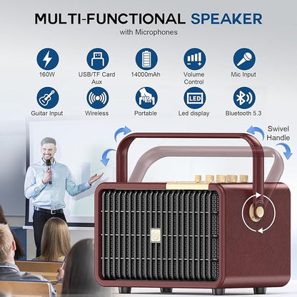 320W Peak Power Karaoke Machine with Rich Deep Bass for Adults Portable Bluetooth Singing PA Speaker System Bass/Treble Adjustment with 2 UHF Wireless Microphones for Home Party Wedding Outdoor