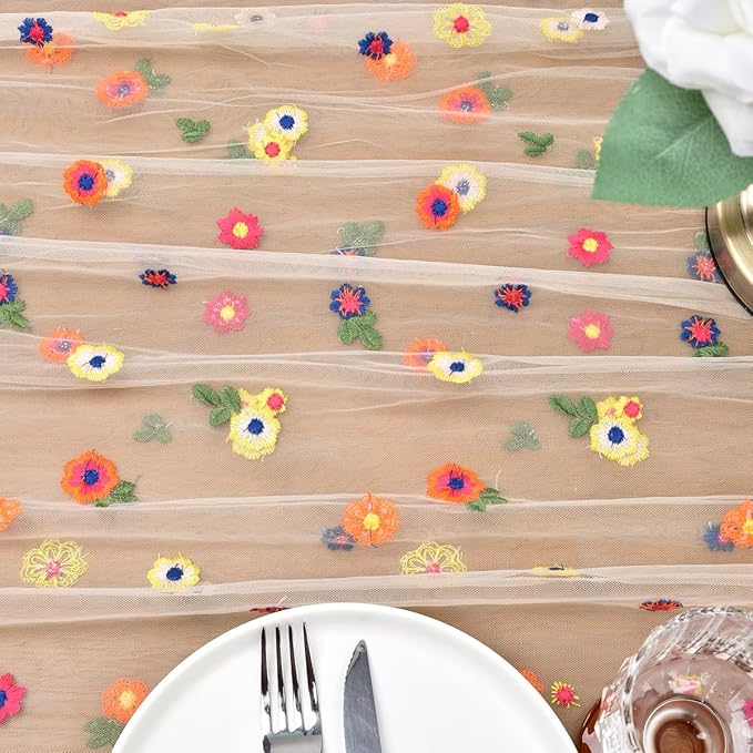 Joanlody 3pcs Champagne Embroidery Daisy Fall ThanksgivingTable Runner 10ft Florals Seasonal Tulle Table Runner Holiday Kitchen Dining Table Decoration for Home Party Indoor