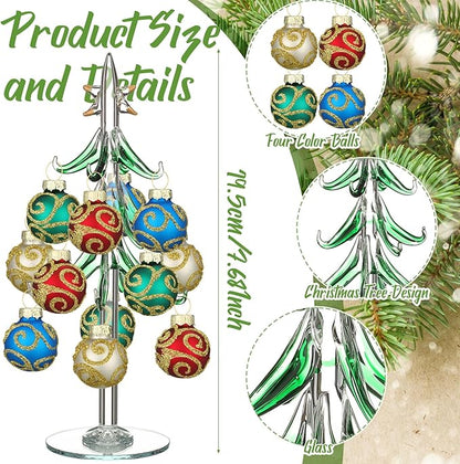 Glass Christmas Tree with 12 Ornament Glitter Balls Tabletop Wine Glass Charms Miniature Christmas Tree Gift for Xmas Holiday Party Novelty Season Home Decor, 7.7 Inch