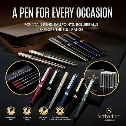 Scriveiner Black Green Fountain Pen - Stunning Luxury Pen with Chrome Finish, Schmidt Nib (Medium), Best Pen Gift Set for Men & Women, Professional, Executive, Office, Nice Pens