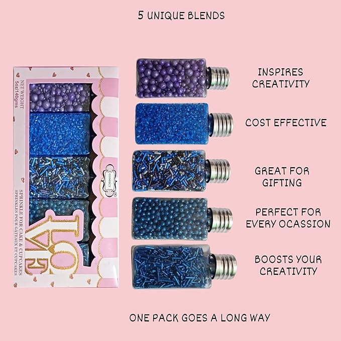 Confect Edible Cake Sprinkles – Decorating Mix | Navy & Blue Purple Pearls, Silver & Black Jimmies, Blue Sparkling Sugar | Sprinkles for Cake, Cupcake & Cookie Decoration - Vegan, Gluten-Free, Nut-Free, Soy-Free, Dairy-Free, Palm Oil-Free-5 Oz