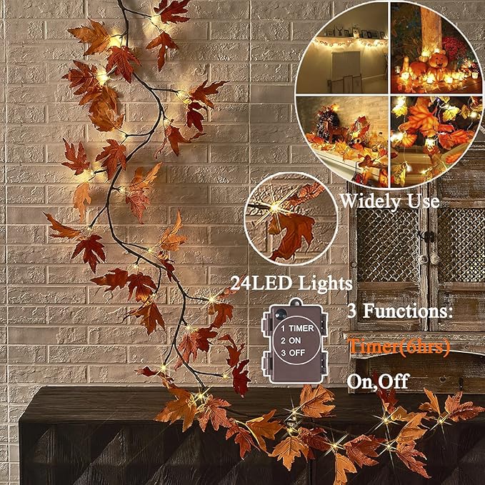 Hairui Lighted Maple Leaf Garland with Timer 6FT 24 Warm White LED, Fall Garland with Lights Battery Operated for Thanksgiving Harvest Christmas Wedding Decoration Indoor Outdoor
