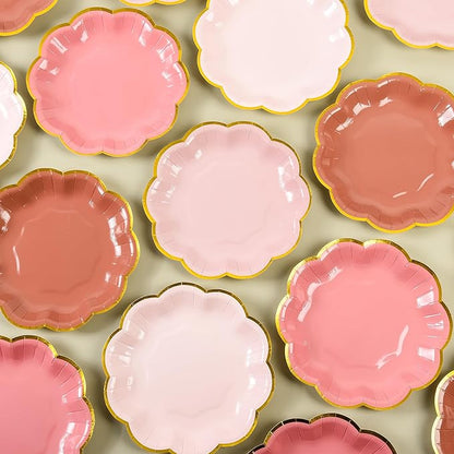 Dusty Pink Gradient Color Dessert Paper Plates, 7 inch Gold Foil Scalloped Edge, Disposable Cake Plates for Tea Party, Birthday, Baby Shower, Wedding Party Supplies (48, Dusty Pink)