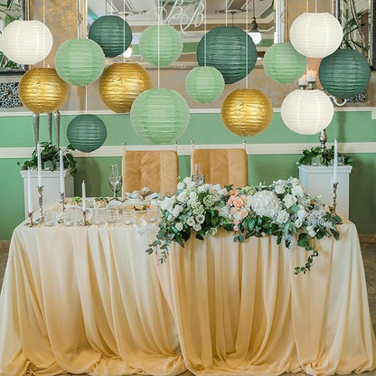ADLKGG Sage Green Gold Paper Lanterns Decorative, Round Hanging Paper Lanterns for Graduation Wedding Bridal Shower Birthday Party Neutral Baby Shower Decorations, 21pcs
